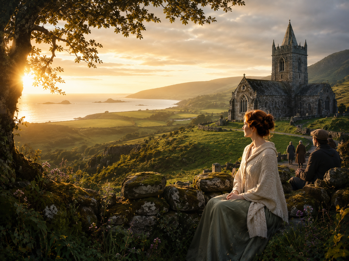 A Black woman holding a book near a coastal stone church at sunset