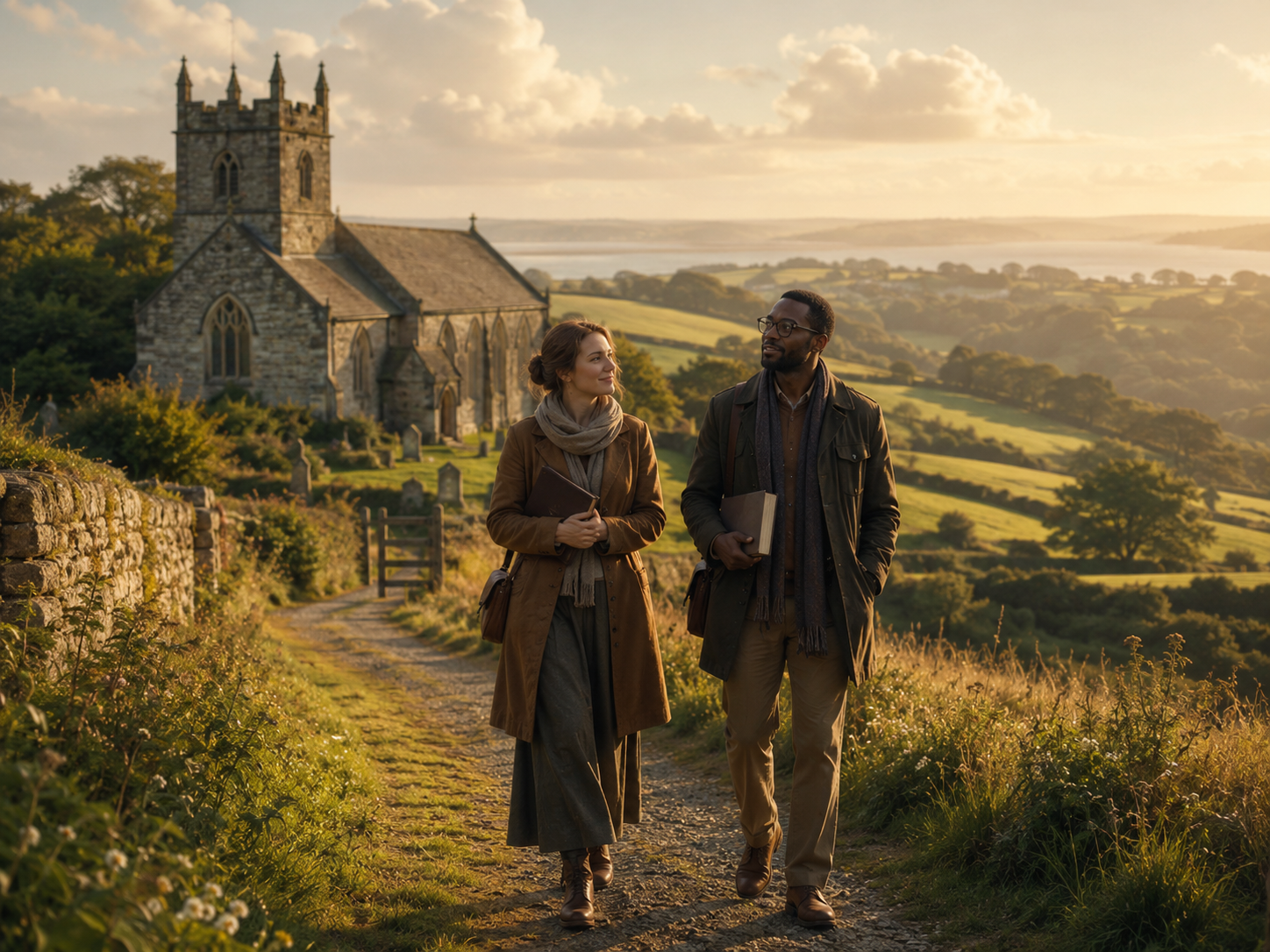 Two travelers carrying books while walking near an old stone church in the countryside