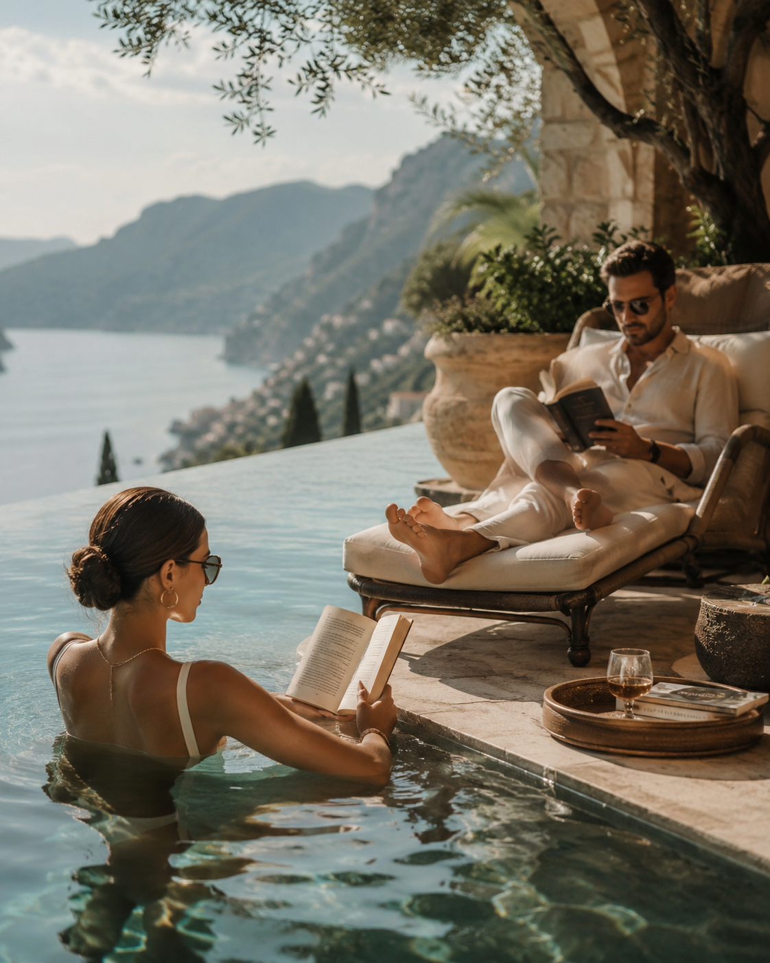 A couple reading books by a luxury infinity pool during a peaceful retreat