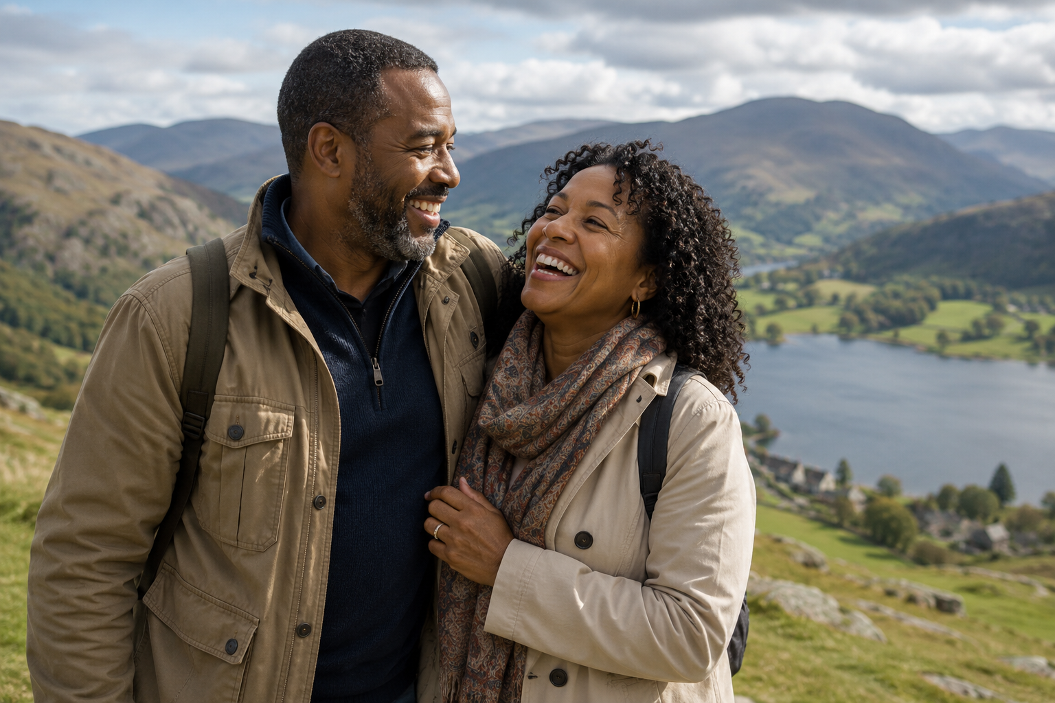 An older Black travel group gathered joyfully on a green hillside in the Alps