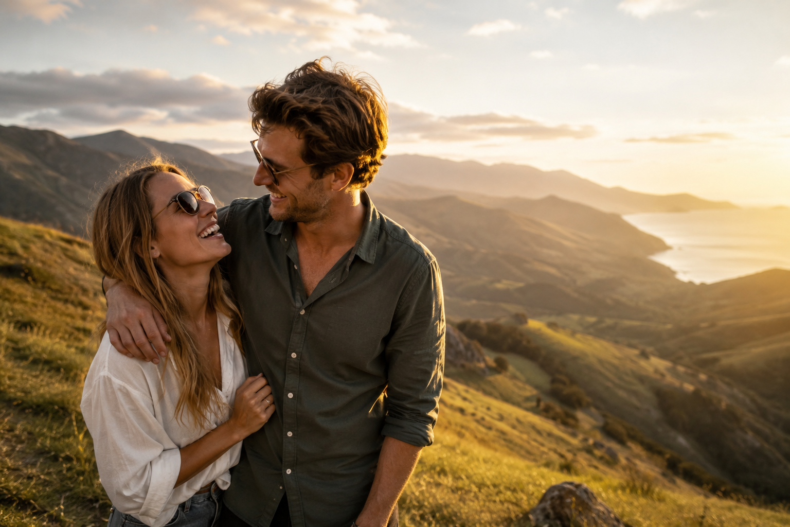 A white couple laughing together on a hillside during a European adventure