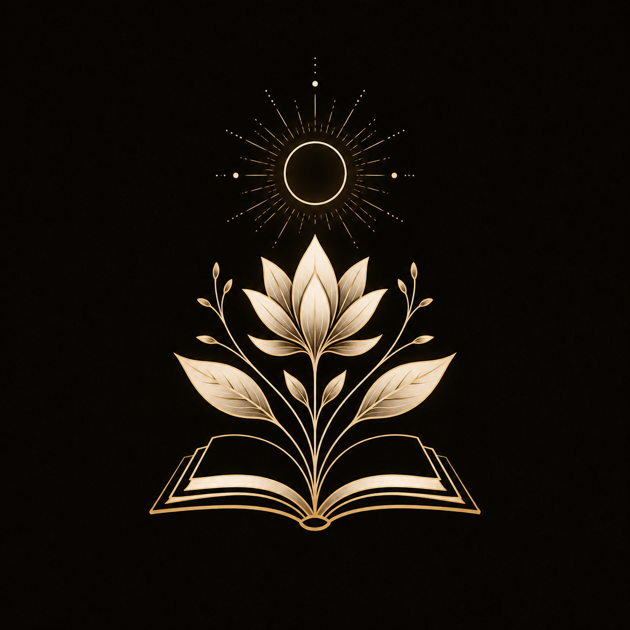 Wellness and Wisdom icon with book, lotus, and sunburst
