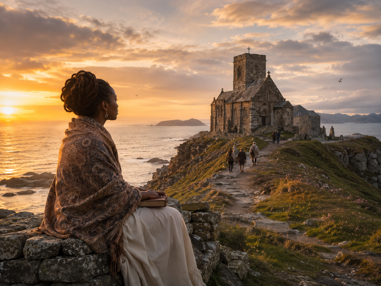 A traveler with a book reflecting near rocks and coastal sacred scenery