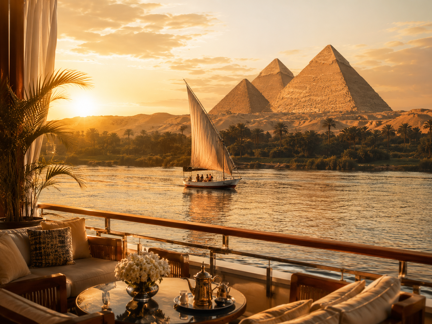 Egypt — pyramids and the Nile at golden hour