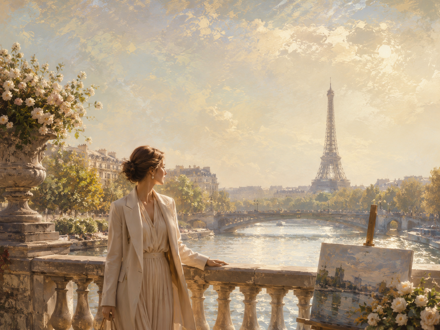 Woman viewing the Eiffel Tower in a painterly Paris scene